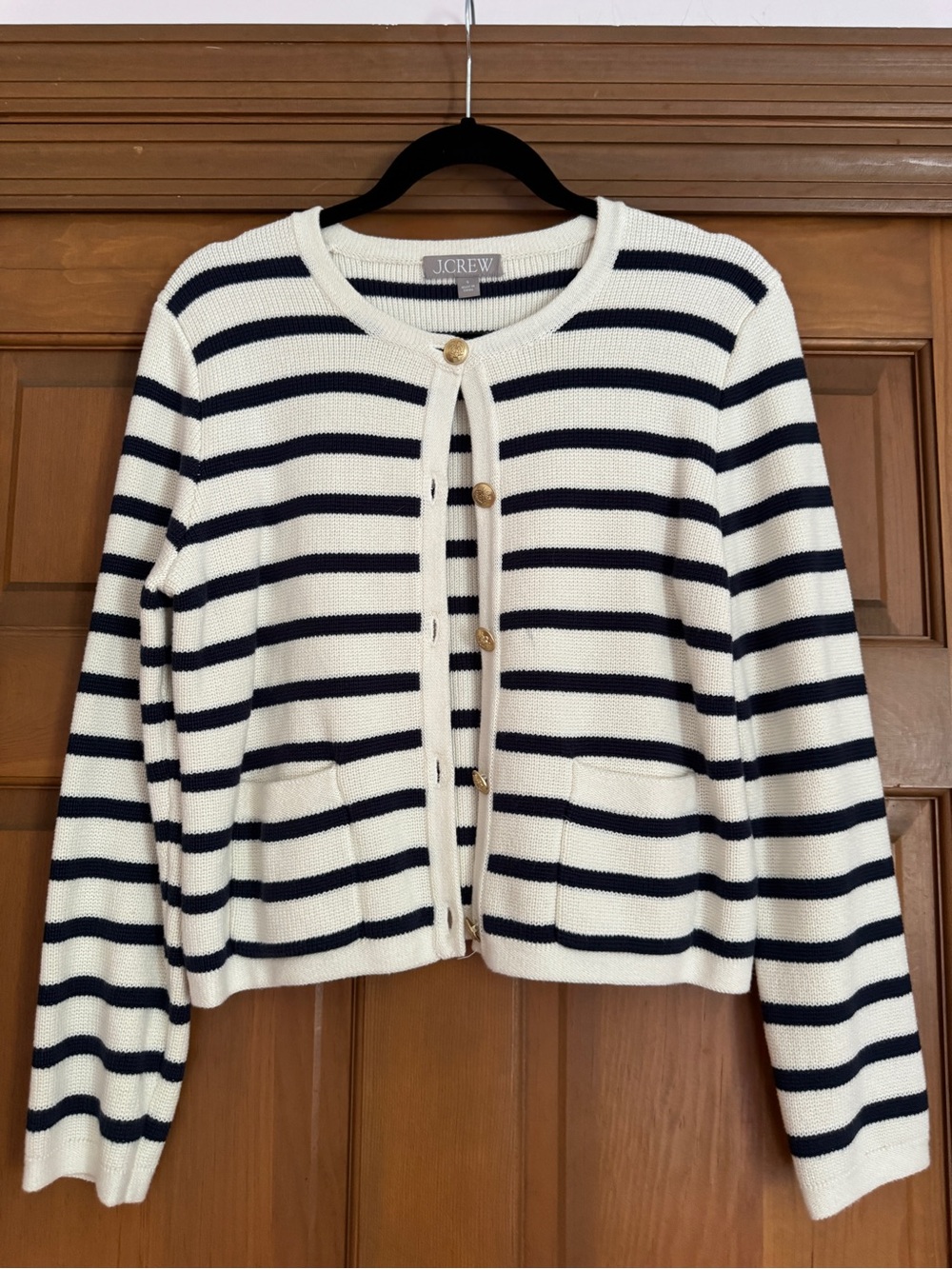 J. Crew Navy and Cream Striped Button-Front Cardigan